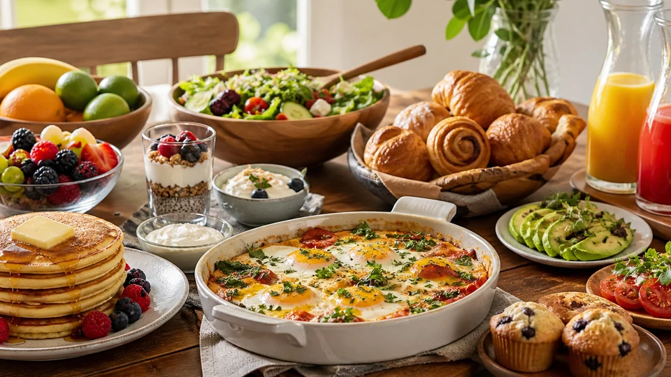 Organized brunch buffet with pancakes, eggs, salad, pastries, fruit, and yogurt.