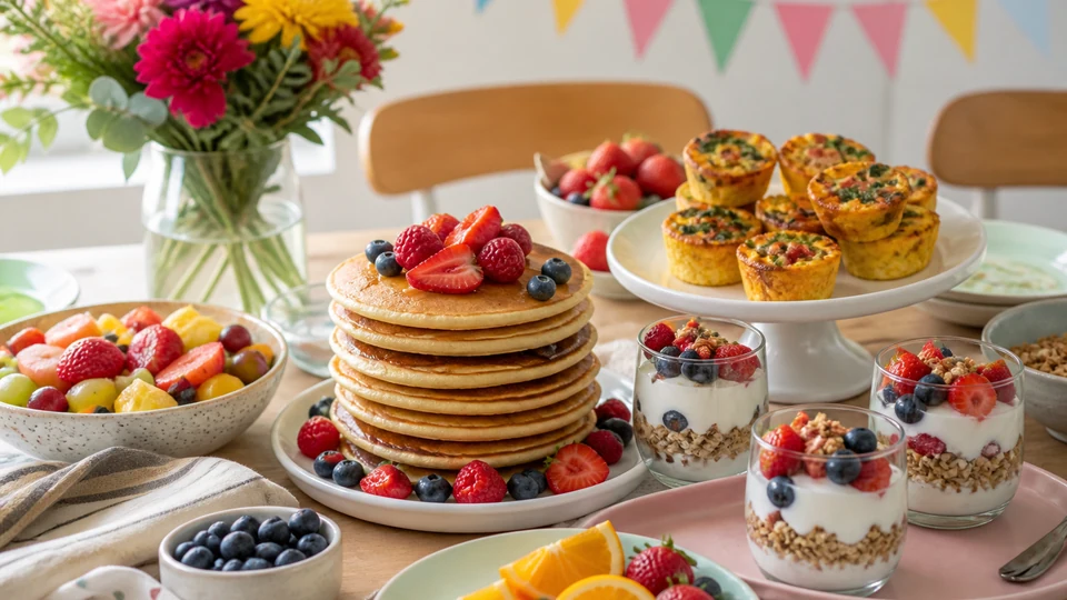 Birthday breakfast table with pancakes, fruit, pastries, juice, and decorations.