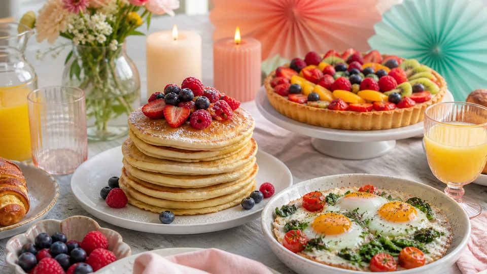 Birthday brunch table with pancakes, baked eggs, pastries, fruit, and juice.