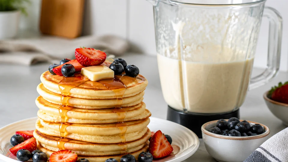 Fluffy buttermilk pancakes with butter and berries beside a batter blender.