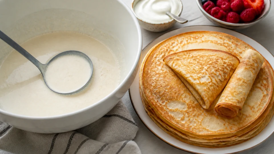 Thin blini batter beside a stack of blini with sour cream and berries.