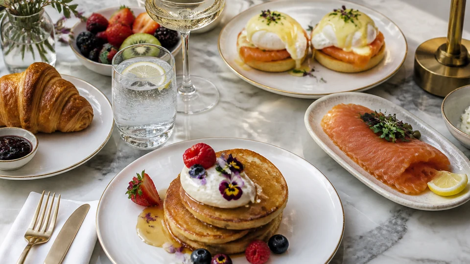 Elegant brunch with pancakes, eggs, salmon, fruit, and pastries.