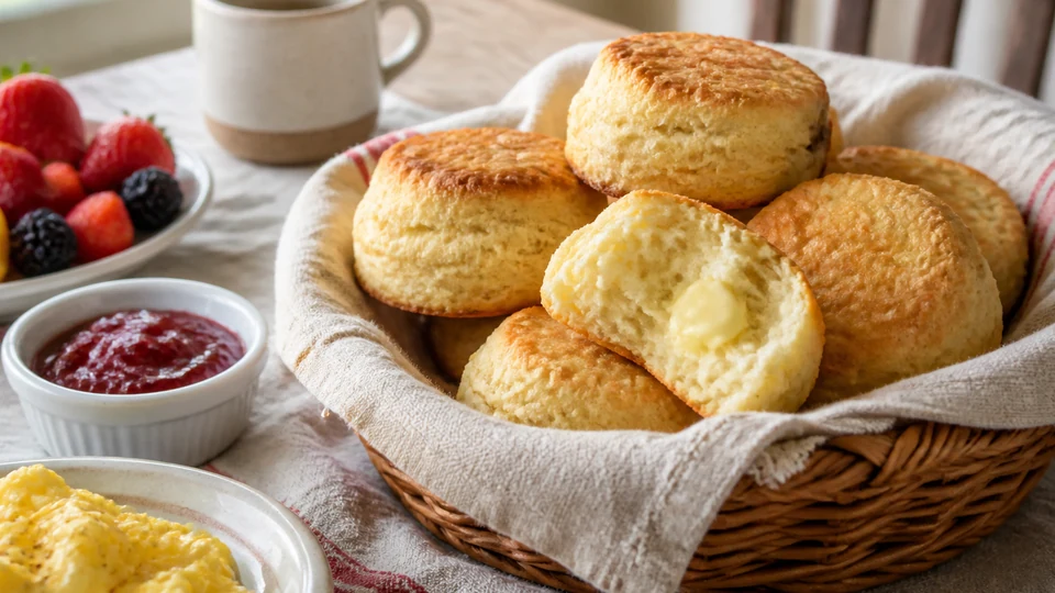 Flaky golden breakfast biscuits with egg, fruit preserve, and fresh fruit.