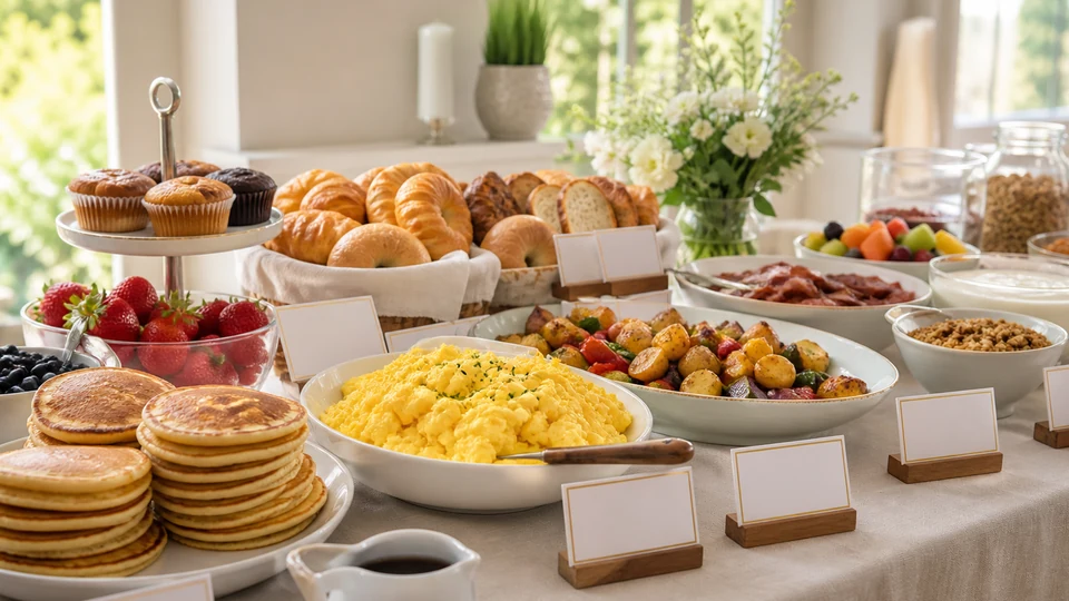 Breakfast buffet with pancakes, eggs, vegetables, breads, yogurt, and fruit.