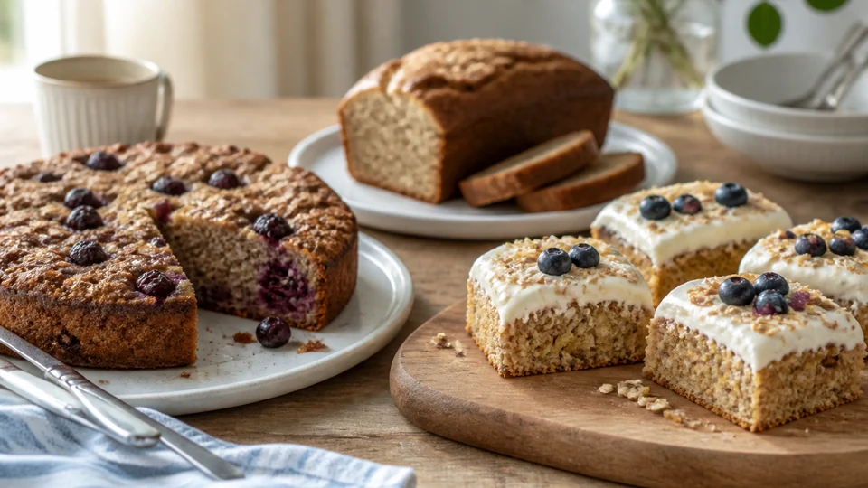 Breakfast cakes with fruit, yogurt, nuts, coffee, and pancakes.