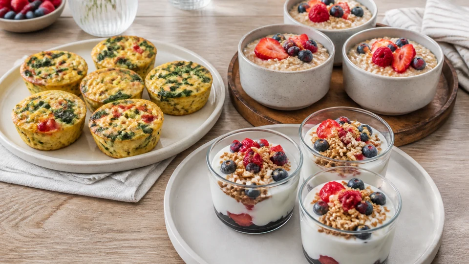 Assorted savory and sweet breakfast cups with eggs, oats, berries, and spinach.