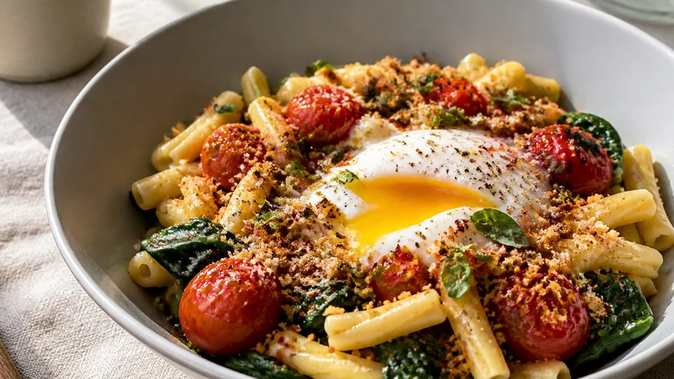 Breakfast pasta with soft egg, tomatoes, spinach, herbs, and crisp crumbs.