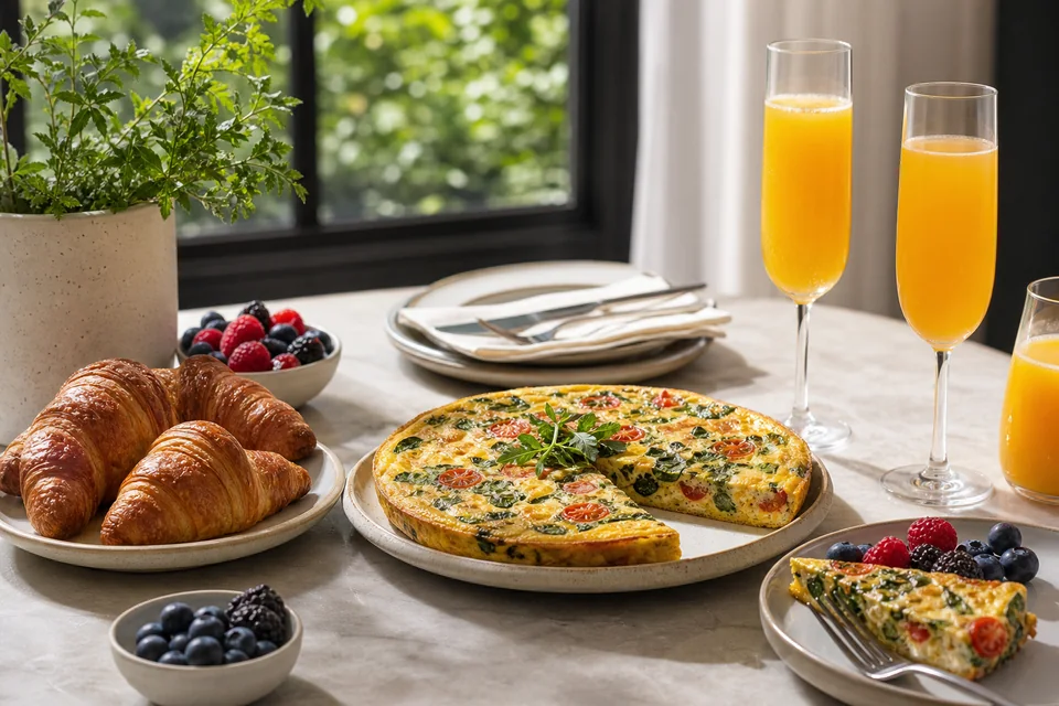 Route-specific breakfast or brunch setting illustrating breakfast with mimosas