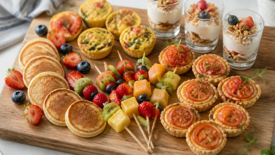 Assorted mini pancakes, egg muffins, fruit skewers, tartlets, and yogurt cups.