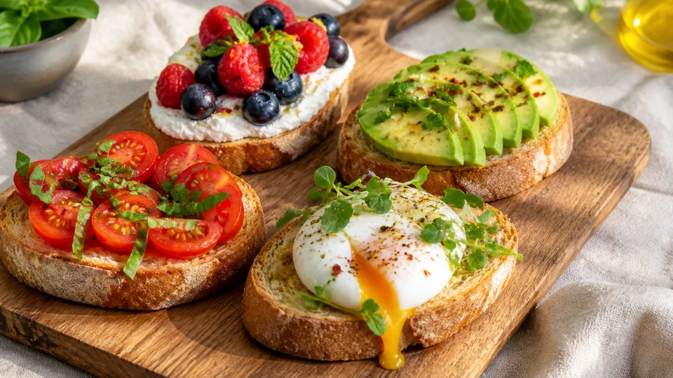 Brunch bruschetta with tomato, ricotta and berries, avocado, and egg toppings.