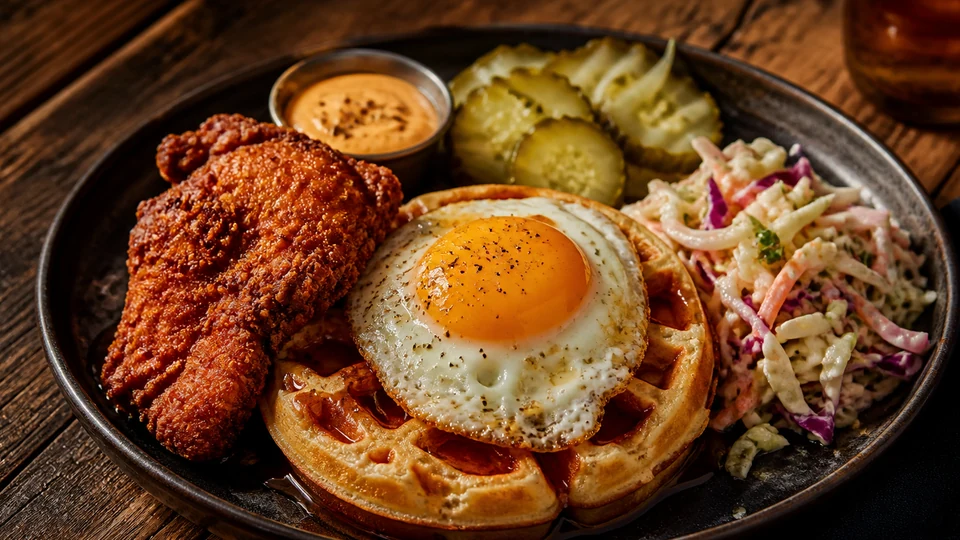 Brunch chicken with pancakes, egg, slaw, pickles, and sauce.