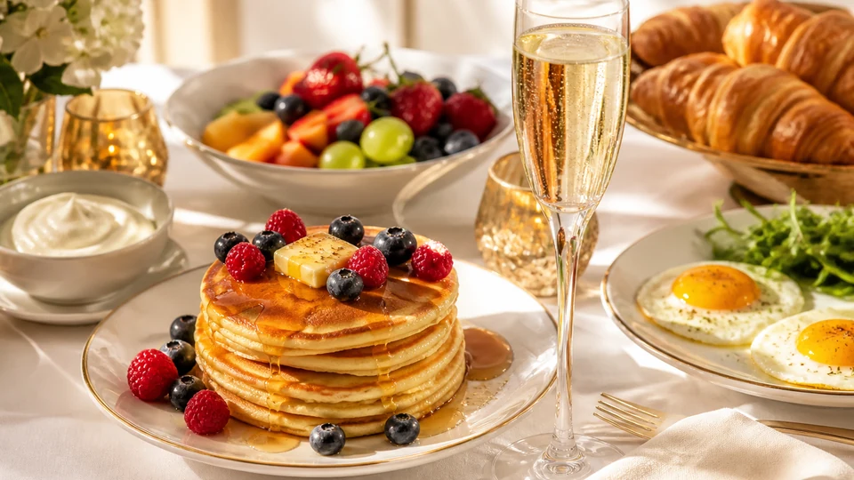 Elegant brunch with pancakes, eggs, fruit, croissants, and sparkling wine.
