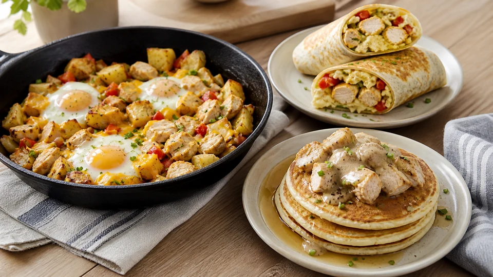 Chicken breakfast plate with pancakes, eggs, tomatoes, and greens.
