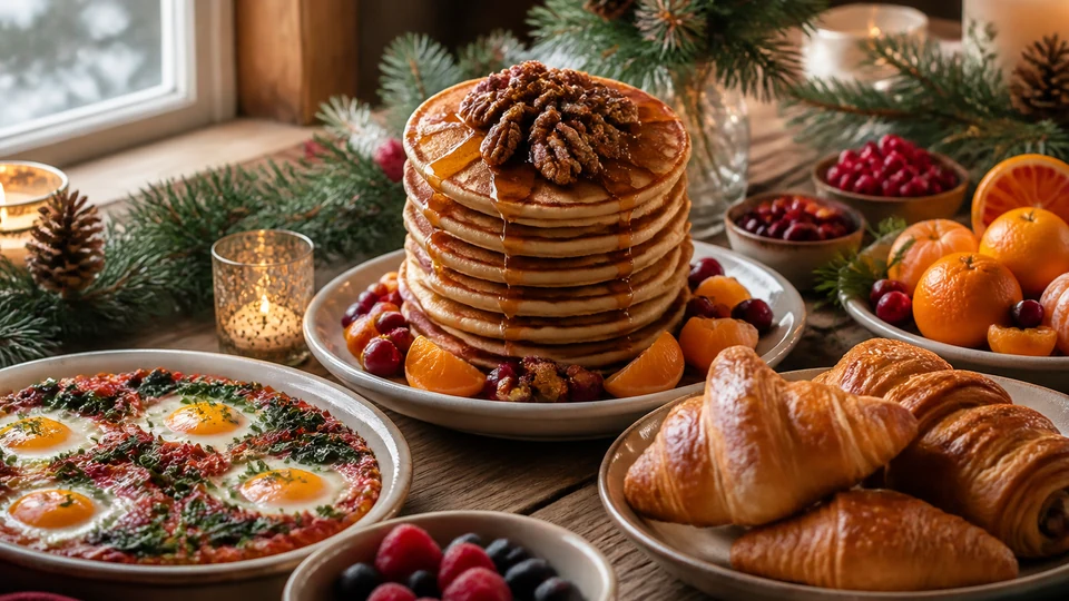 Christmas brunch with cinnamon pancakes, baked eggs, pastries, berries, and citrus.