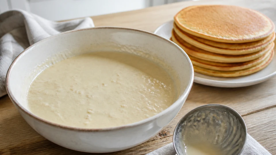 Classic pancake batter in a bowl beside a golden pancake stack.