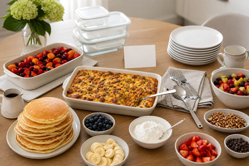 Finished brunch spread with pancakes, baked fruit, casserole, toppings, serving dishes and stacked plates.