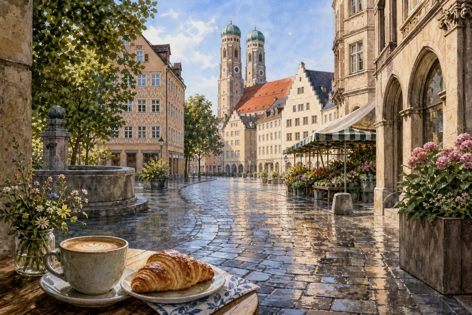 Editorial illustration of a wet Old Town walking street with twin towers, coffee and a pastry in the foreground.