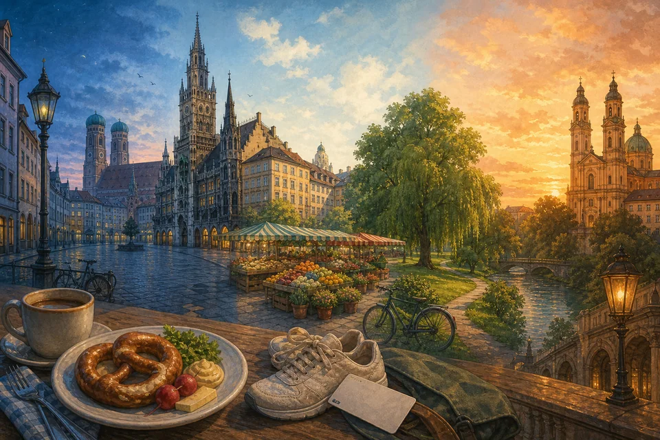 Editorial illustration moving from a Munich morning square and market to a green afternoon and warm evening.