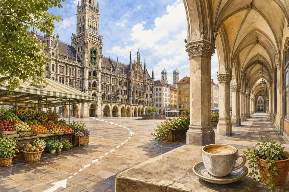 Editorial illustration of Munich Old Town architecture, a market corner, covered arcade and coffee stop.