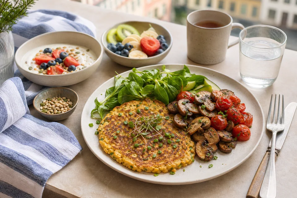 Chickpea pancake with mushrooms, tomatoes, greens, fruit and a creamy plant-based breakfast bowl.