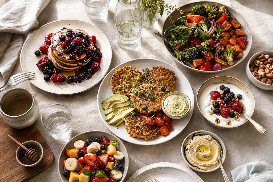 Vegan brunch table with berry pancakes, chickpea pancakes, roasted vegetables, fruit, nuts and creamy plant-based dishes.