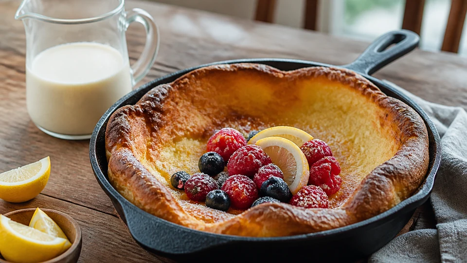 Thin Dutch pancake batter beside a large golden pancake and fruit.
