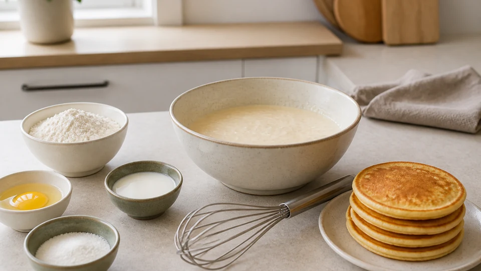 Simple pancake batter with a whisk, measuring cup, and basic ingredients.