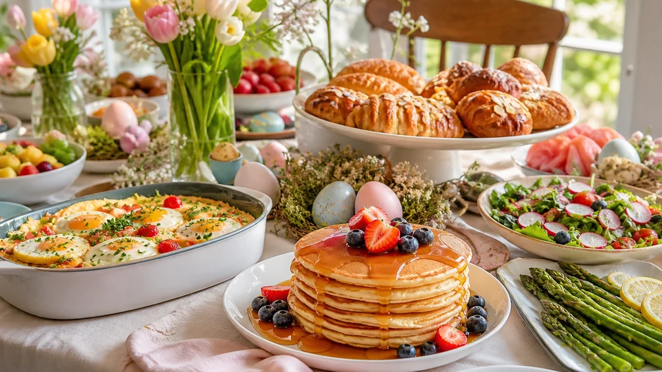 Spring brunch buffet with pancakes, baked eggs, asparagus, salads, fruit, and pastries.