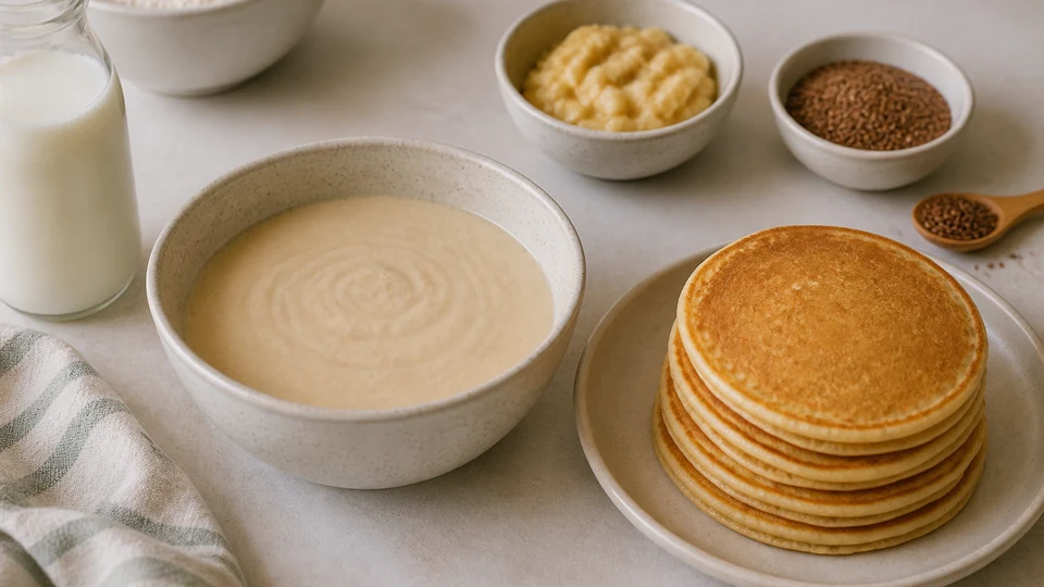 Eggless pancake batter with plant milk beside fluffy pancakes and berries.