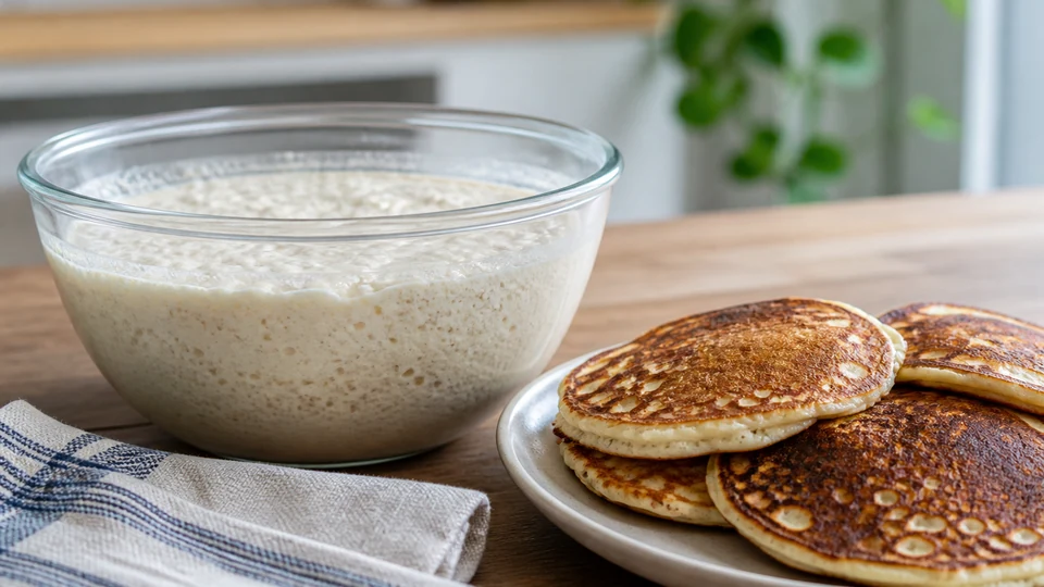 Bubbly fermented pancake batter beside cooked pancakes and grains.