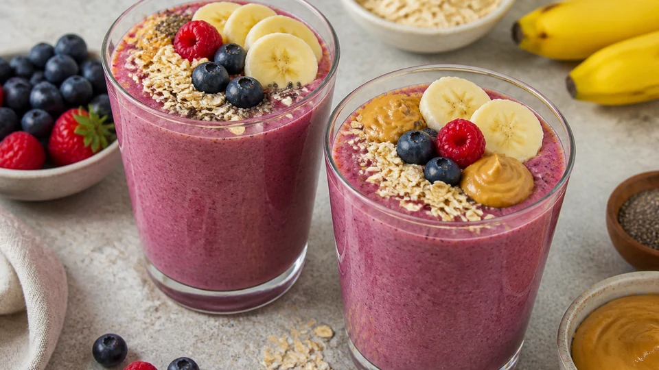 Substantial breakfast smoothies topped with oats, seeds, nut butter, banana, and berries.