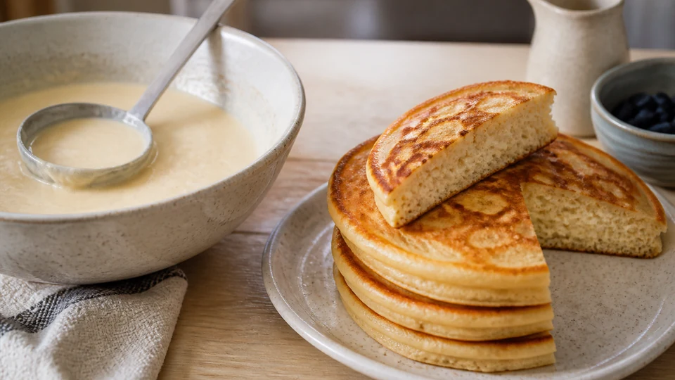 Thick flapjack batter beside golden flapjacks, butter, and syrup.