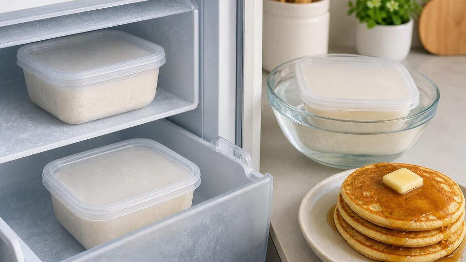 Portioned frozen pancake batter beside thawed batter and cooked pancakes.