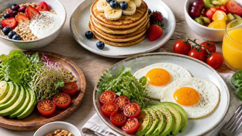 Colorful brunch with pancakes, eggs, oats, yogurt, fruit, avocado, and greens.