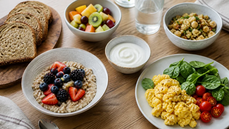 Balanced breakfast spread with oats, eggs, fruit, yogurt, toast, and pancakes.