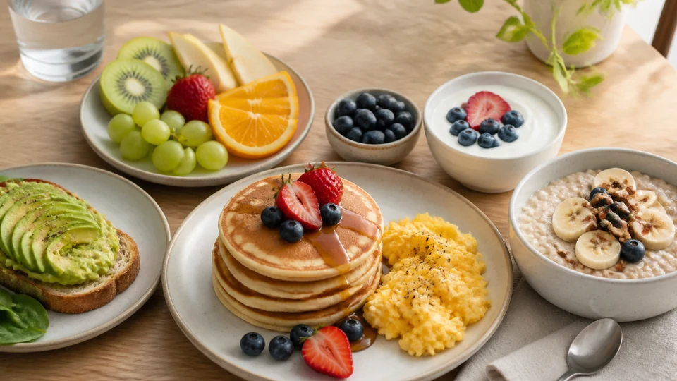Balanced breakfast spread with pancakes, eggs, oats, yogurt, fruit, and avocado toast.