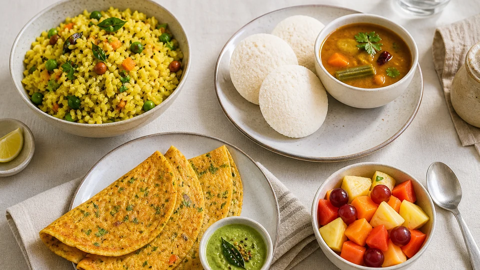 Indian breakfast spread with idli, dosa, poha, chutneys, and fruit.