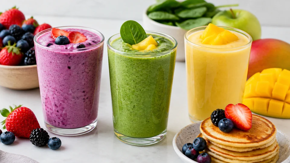 Berry, green, and mango breakfast smoothies with fruit and pancakes.