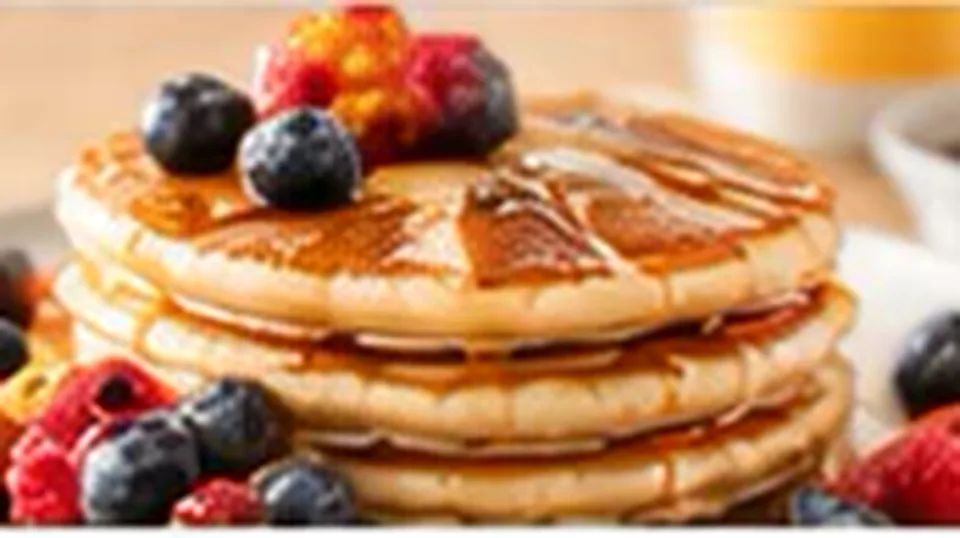 A stack of American-style pancakes with butter, berries, and maple syrup.