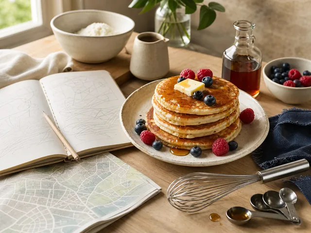 Pancakes, maple syrup, recipe notebook and breakfast map on a morning worktable