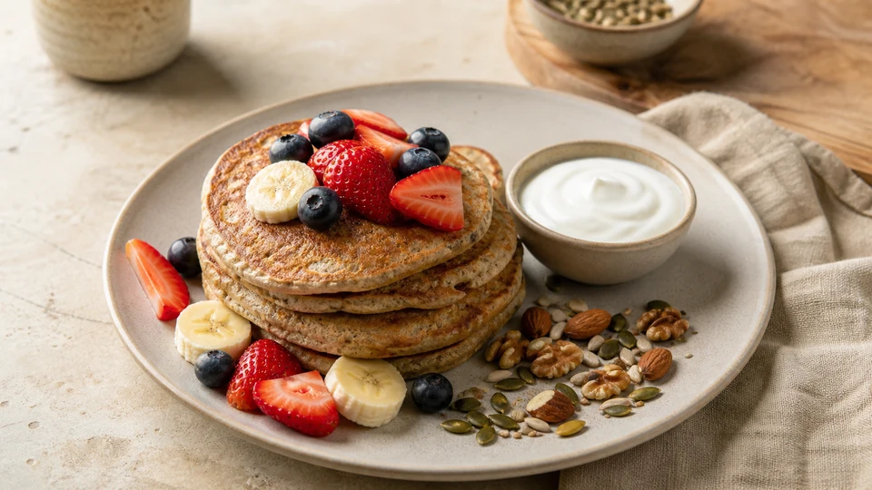 Wholegrain pancakes with berries, banana, nuts, seeds and plain yogurt in a balanced breakfast serving.