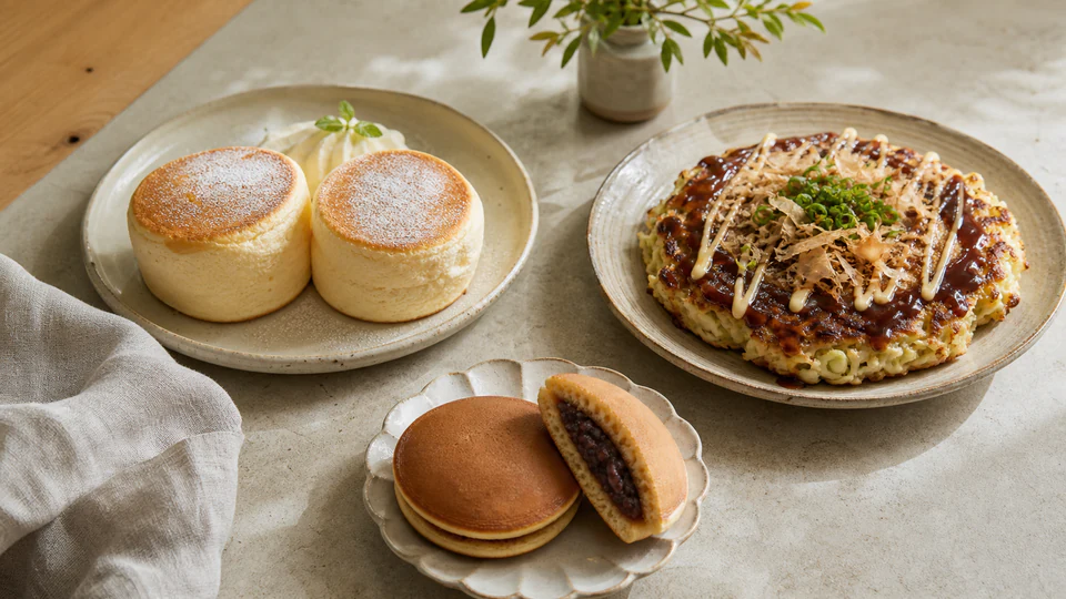 Japanese pancake styles arranged together: tall souffle pancakes, okonomiyaki, and dorayaki filled with sweet red bean paste.