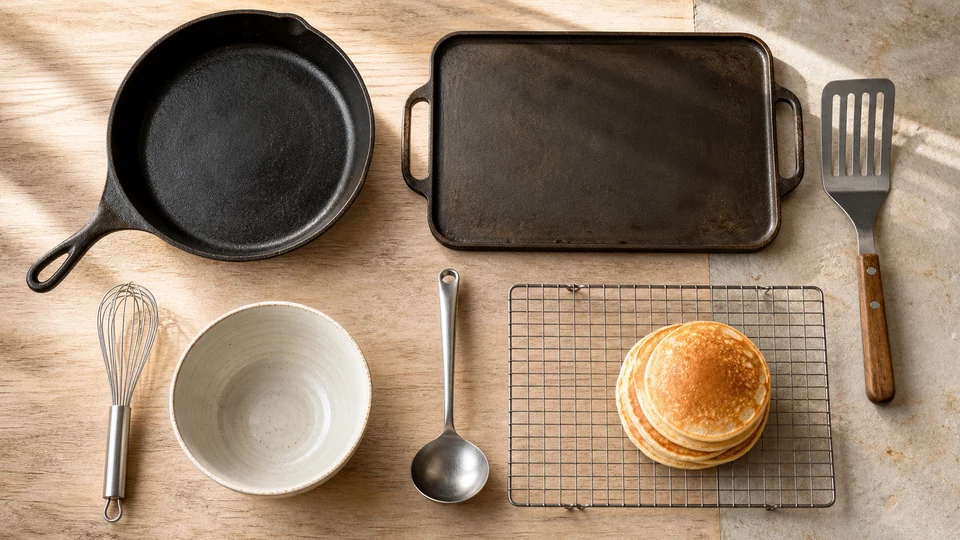 Overhead arrangement of a skillet, griddle, spatula, whisk, bowl, ladle and cooling rack with a small pancake stack.