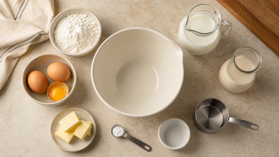 Pancake ingredients arranged around a mixing bowl, including flour, eggs, milk, butter, water, and a measured leavener.