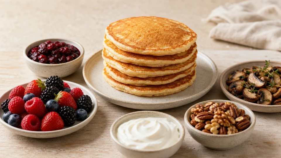 A golden pancake stack with separate bowls of berry compote, fresh berries, toasted nuts, plain yogurt and sauteed mushrooms.