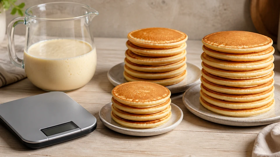 Small, medium and tall pancake stacks beside a batter measuring cup and blank kitchen scale to show different batch yields.