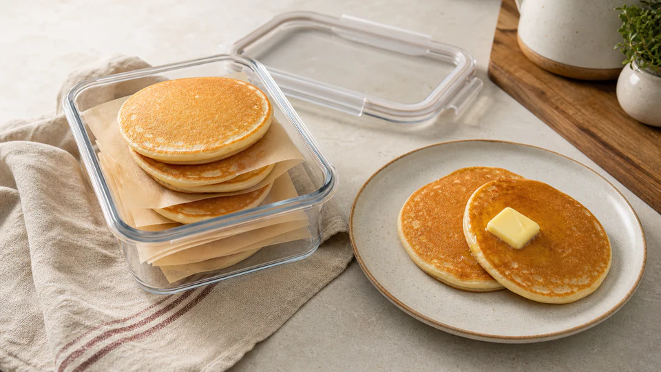 Cooked pancakes separated with parchment in a glass storage container beside a warm plated serving.