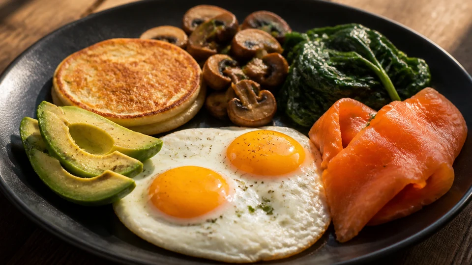 Keto-style breakfast with eggs, avocado, greens, mushrooms, salmon, and a pancake.