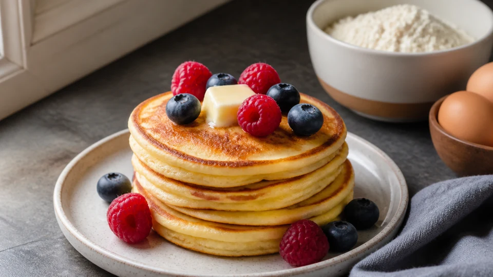 Finished golden keto-style pancakes with butter and fresh berries.