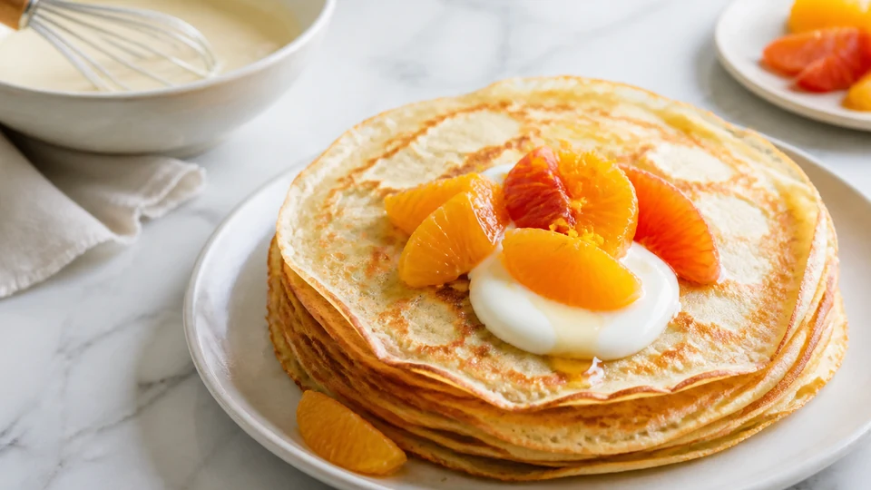Airy golden pancakes with yogurt and fresh citrus.